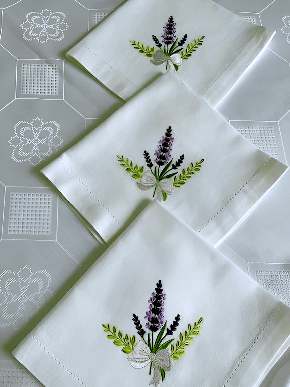 Lavender Embroidered Napkins, Handmade Linen Table Decor, Floral Farmhouse Dining Set