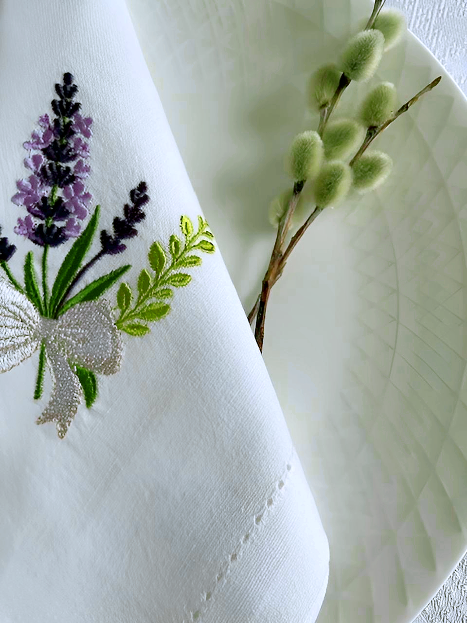 Lavender Embroidered Napkins, Handmade Linen Table Decor, Floral Farmhouse Dining Set