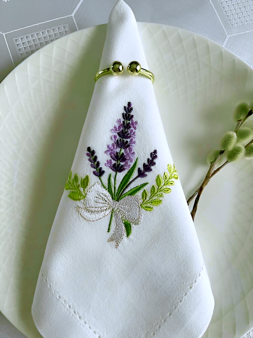 Lavender Embroidered Napkins, Handmade Linen Table Decor, Floral Farmhouse Dining Set