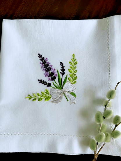 Lavender Embroidered Napkins, Handmade Linen Table Decor, Floral Farmhouse Dining Set