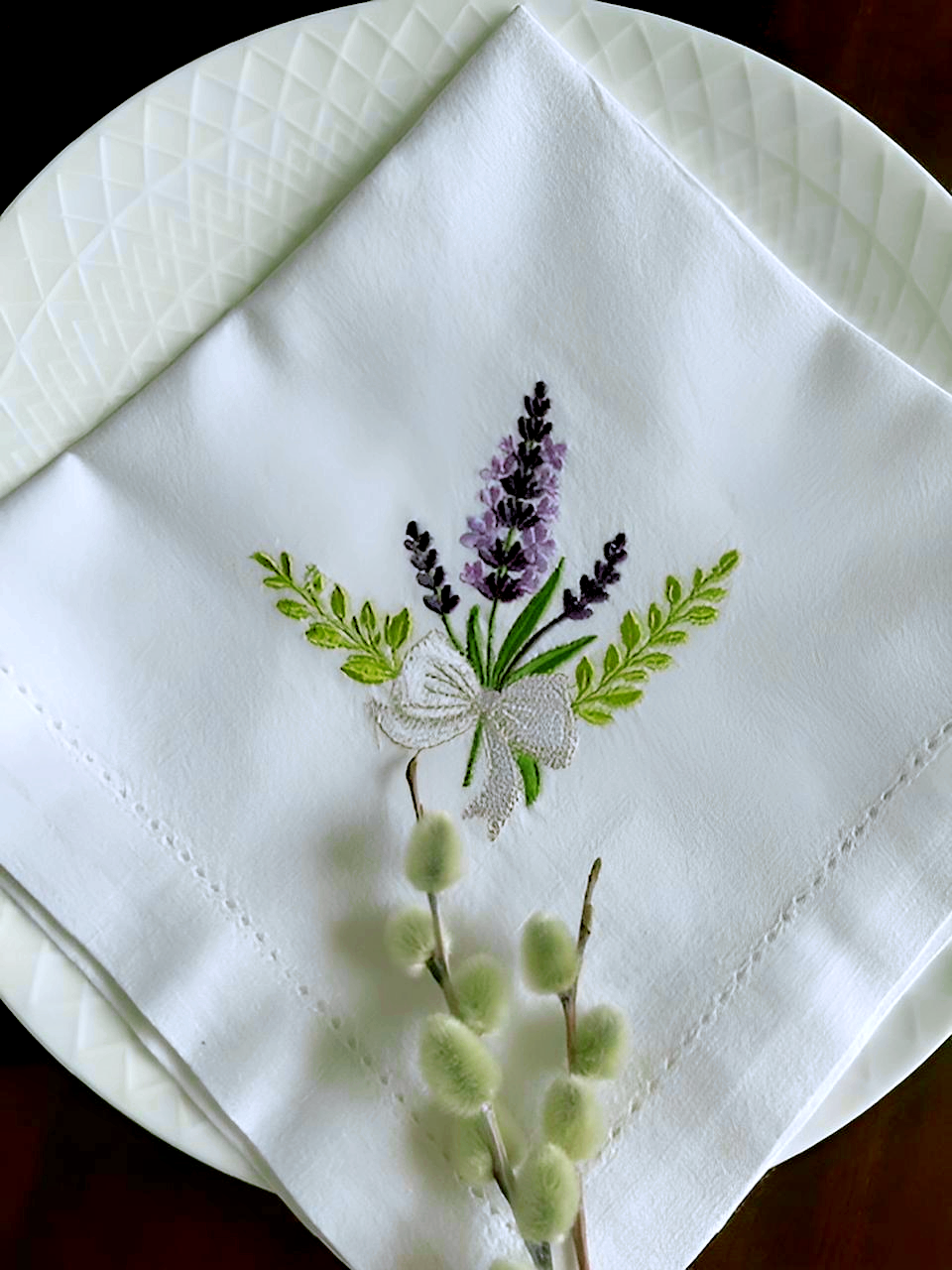 Lavender Embroidered Napkins, Handmade Linen Table Decor, Floral Farmhouse Dining Set