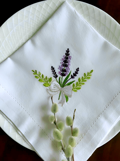 Lavender Embroidered Napkins, Handmade Linen Table Decor, Floral Farmhouse Dining Set
