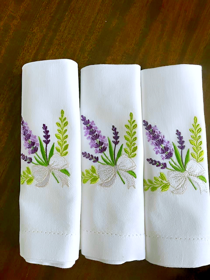 Lavender Embroidered Napkins, Handmade Linen Table Decor, Floral Farmhouse Dining Set