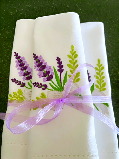 Lavender Embroidered Napkins, Handmade Linen Table Decor, Floral Farmhouse Dining Set
