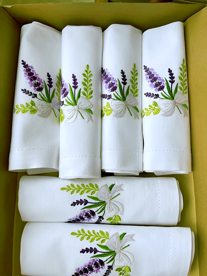 Lavender Embroidered Napkins, Handmade Linen Table Decor, Floral Farmhouse Dining Set