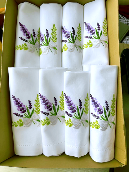 Lavender Embroidered Napkins, Handmade Linen Table Decor, Floral Farmhouse Dining Set