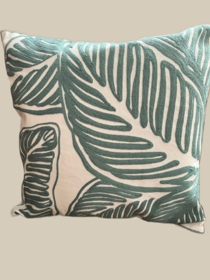 Embroidered Throw Pillow Covers for Living Room Couch 18x18 inches Square Green Blue Tropical Leaves