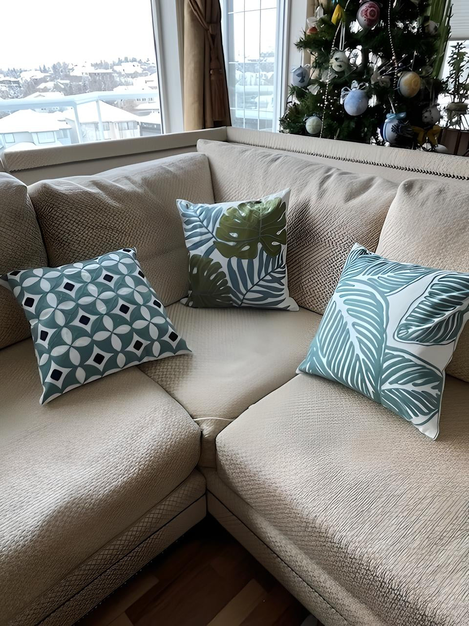 Embroidered Throw Pillow Covers for Living Room Couch 18x18 inches Square Green Blue Tropical Leaves