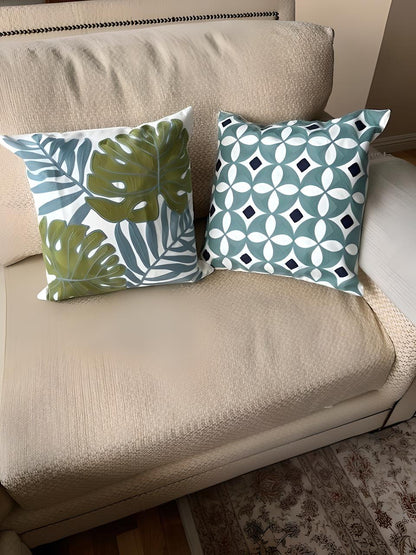 Embroidered Throw Pillow Covers for Living Room Couch 18x18 inches Square Green Blue Tropical Leaves