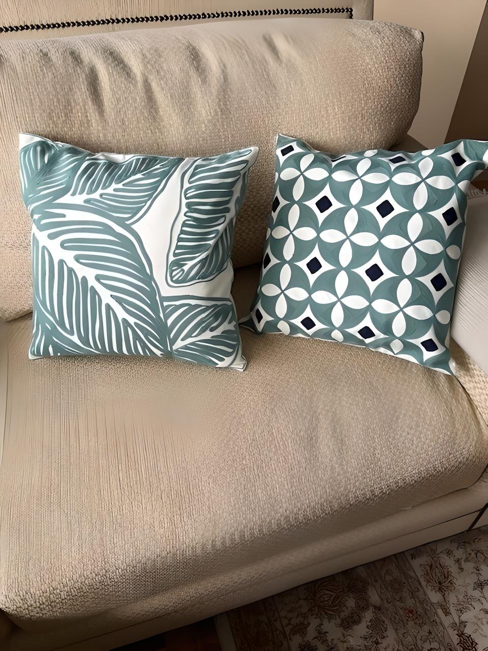 Embroidered Throw Pillow Covers for Living Room Couch 18x18 inches Square Green Blue Tropical Leaves