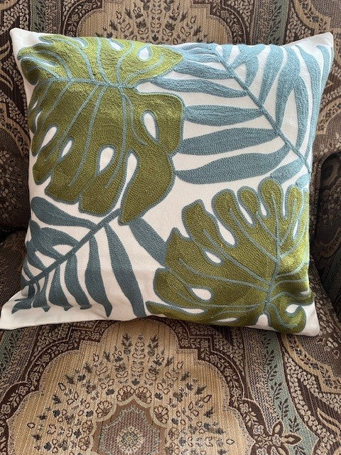 Embroidered Throw Pillow Covers for Living Room Couch 18x18 inches Square Green Blue Tropical Leaves