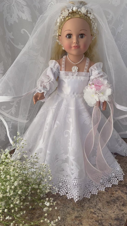 Bride Doll Hand-Made Wedding Outfit White Veil with Pink Flowers, Unique Wedding Gift, Wedding Salon Decor, Wedding Decor, Bridal Party Gift