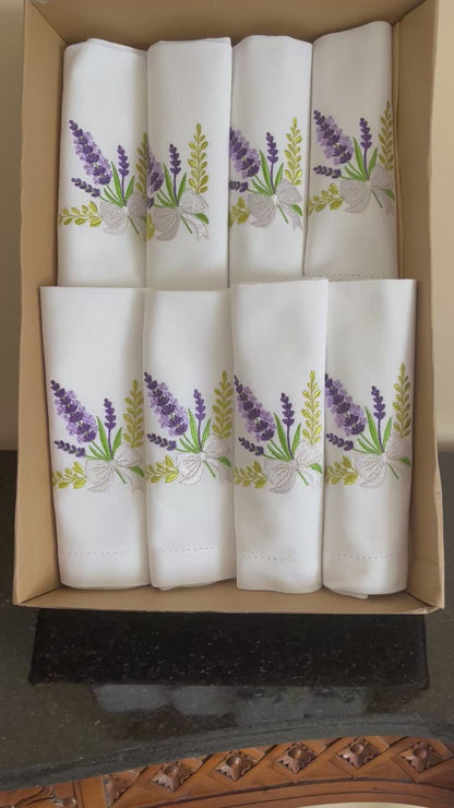 Lavender Embroidered Napkins, Handmade Linen Table Decor, Floral Farmhouse Dining Set