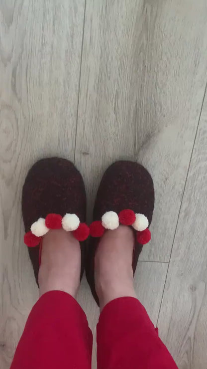 Handmade burgundy soft slippers with pompoms, Ukrainian folklore, warm house shoes gift for her