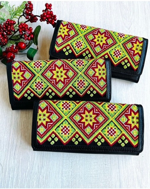 Leather Hand Embroidered Handmade Wallets for Women Ukrainian Pattern