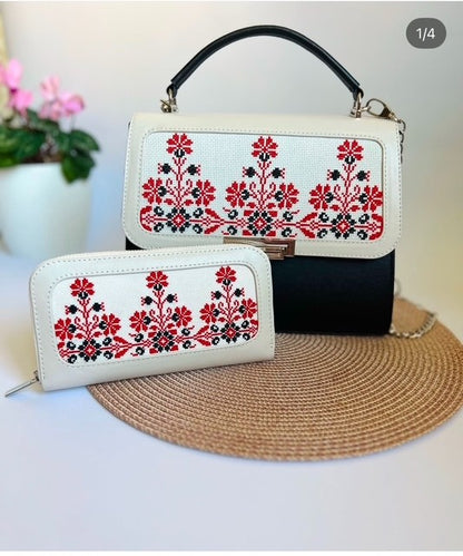 Hand Embroidered Leather Women's Purse with Wallet