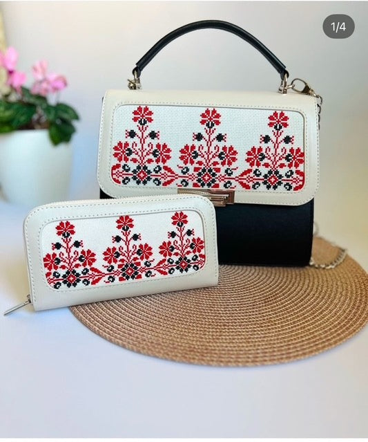 Hand Embroidered Leather Women's Purse with Wallet