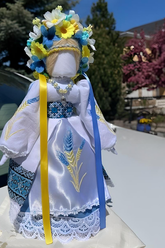 Ukrainian Motanka Doll Myroslava, Handcrafted Embroidered Talisman for Peace & Glory, Blue Yellow Folk Art Decor, Artisanal Gift for Her