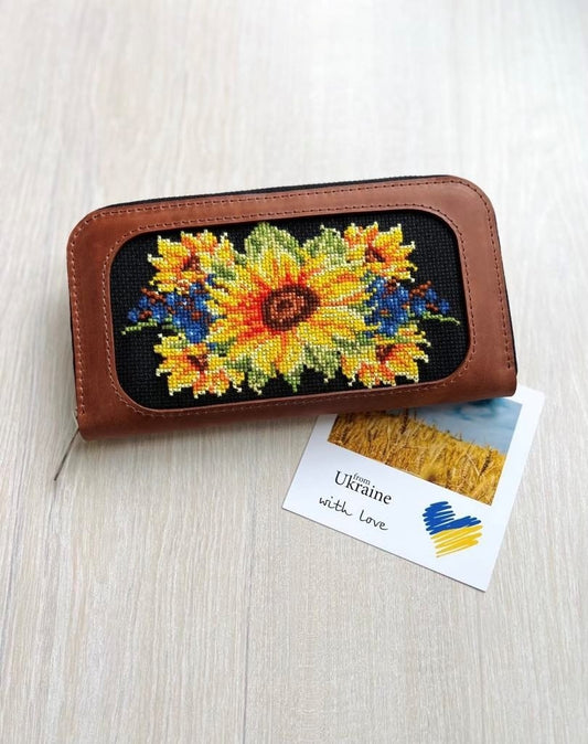 Brown Leather Wallet with Sunflower Embroidery | Gift-Emporium