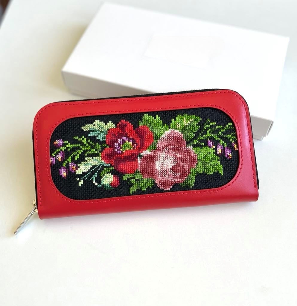 Red & Black Leather Wallet with Floral Embroidery for  Women’s | Gift-Emporium