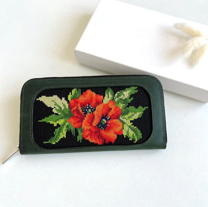 Natural Green Leather Wallet with Embroidered Poppies | Gift-Emporium