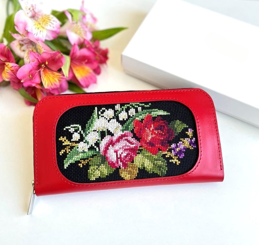 Green & Red Leather Wallet with Floral Embroidery | Gift-Emporium