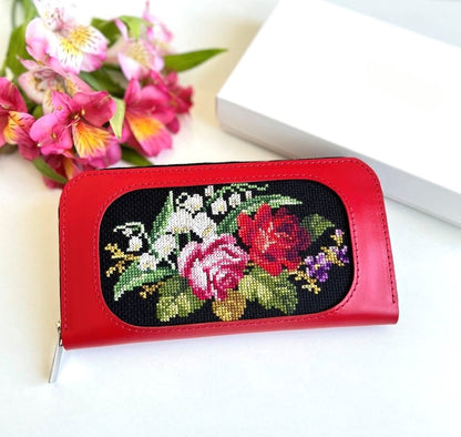 Green & Red Leather Wallet with Floral Embroidery | Gift-Emporium